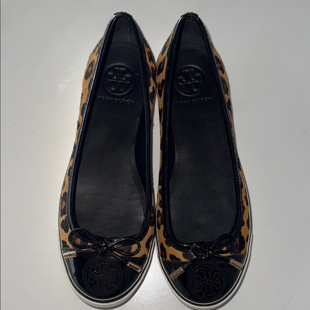 Tory Burch Black and Tan Leopard Flats